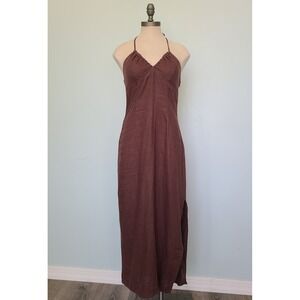 NA-KD Sz‎ 36 100% Linen Midi Dress Babydoll Halter Brown Quiet Luxury Old Money